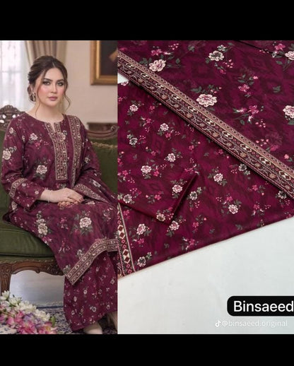 Bin Saeed 3PC Lawn Suit – Deep Plum Floral Printed Collection