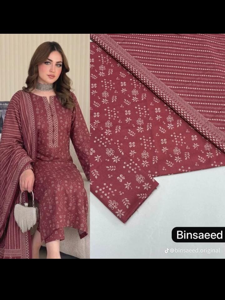 Bin Saeed 3PC Printed Lawn Suit – Dusty Rose Elegance