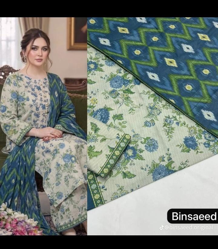 Bin Saeed Original 3 Piece Printed Lawn Suit – Blue & Ivory Floral Collection