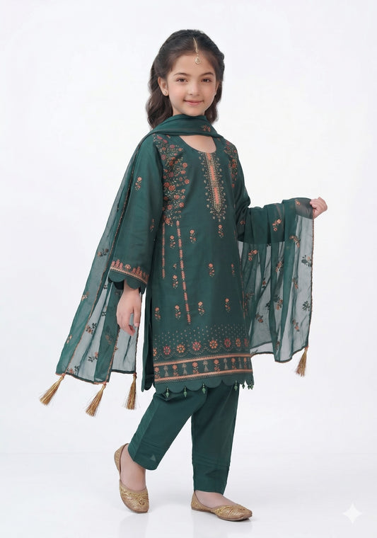 Title: Emerald Green Kids Embroidered Luxury Lawn 2-Piece Shirt & Trouser Set – AK-2234