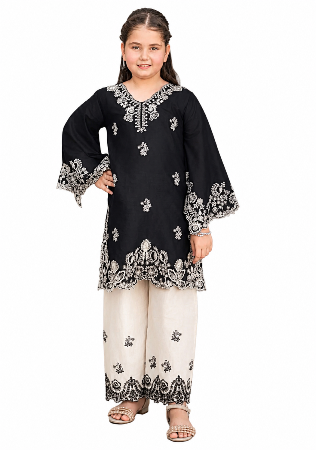 Midnight Pearl Kids Embroidered Lawn 2-Piece Suit – Black & Ivory Elegance