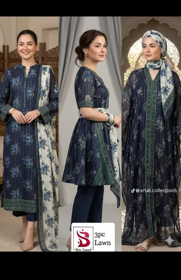 Bin Saeed Midnight Blue & Emerald Floral 3-Piece Lawn Collection