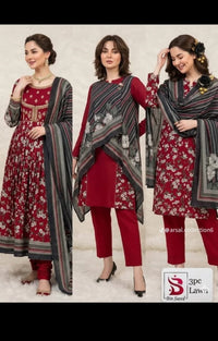 Title: Elegant Crimson Floral 3PC Lawn Suit with Printed Dupatta