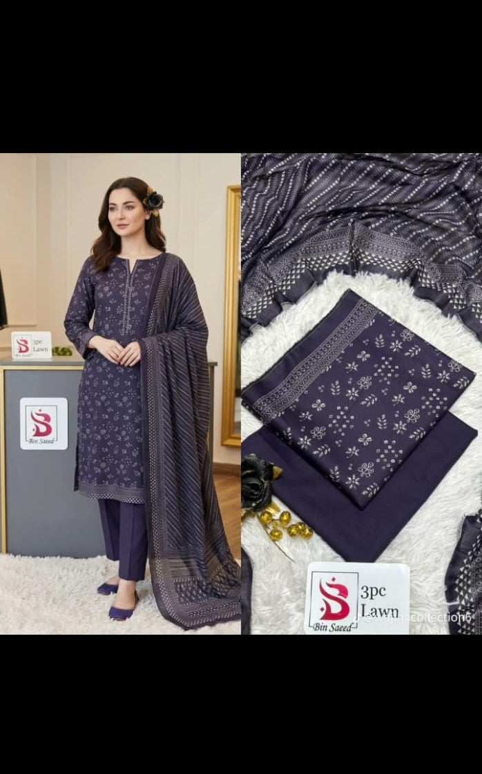 Bin Saeed Premium 3-Piece Printed Lawn Suit – Deep Plum & Charcoal