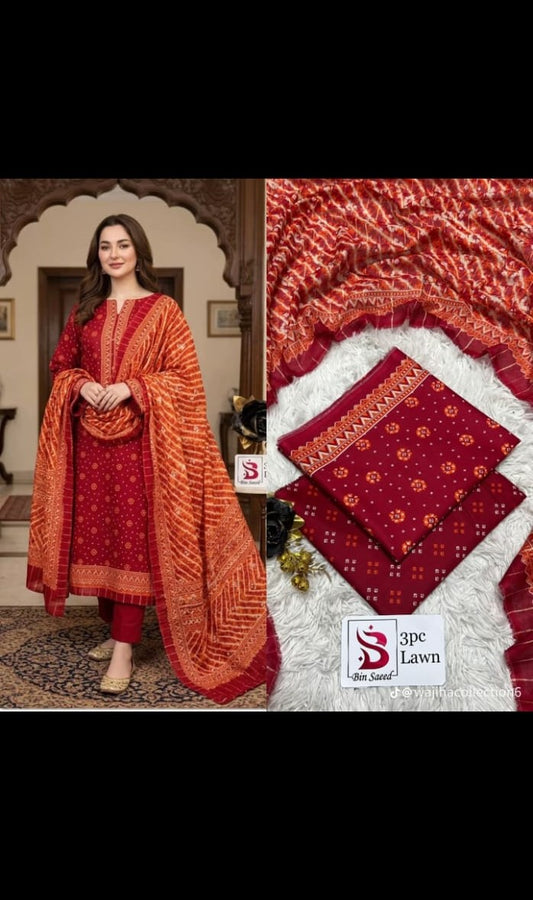 Bin Saeed 3pc Printed Lawn – Maroon & Orange Chunri Collection