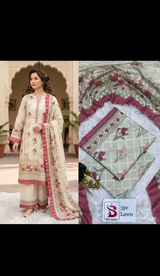 Bin Saeed 3pc Printed Lawn – Floral Ivory & Dusty Rose Collection