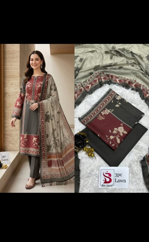 Bin Saeed Obsidian & Maroon Floral 3-Piece Lawn Ensemble